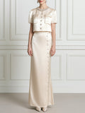 Elegant Satin Beaded Crop Top & Maxi Skirt Two-Piece Set
