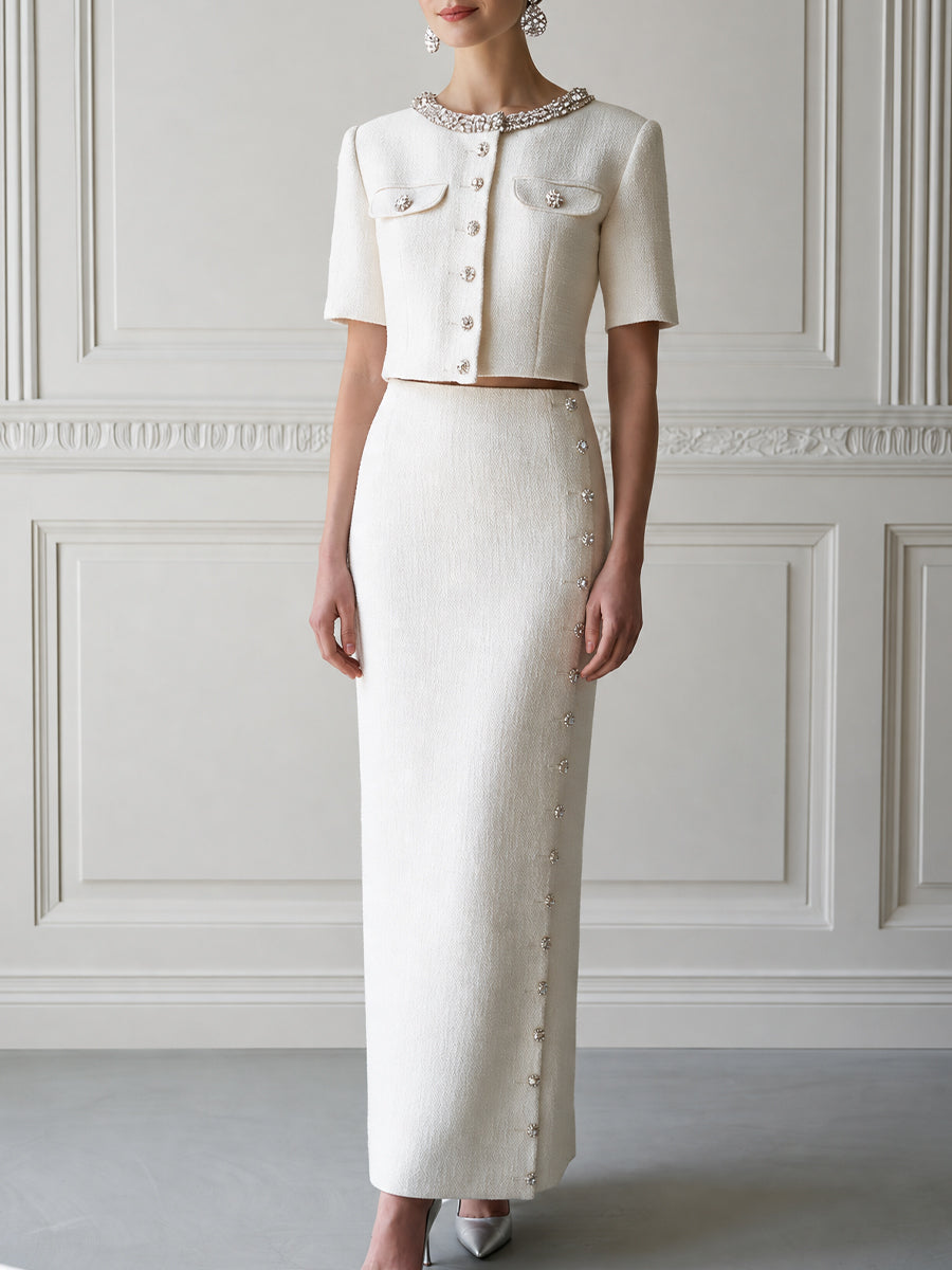Tweed Crystal-Embellished Cropped Jacket & Maxi Skirt Two-Piece Set