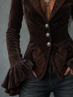 Chocolate Velvet Embroidered Ruffle Jacket