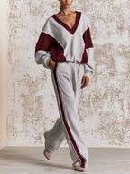 Women’s Color Block V-Neck Lounge Set – Contrast Stripe Casual Tracksuit