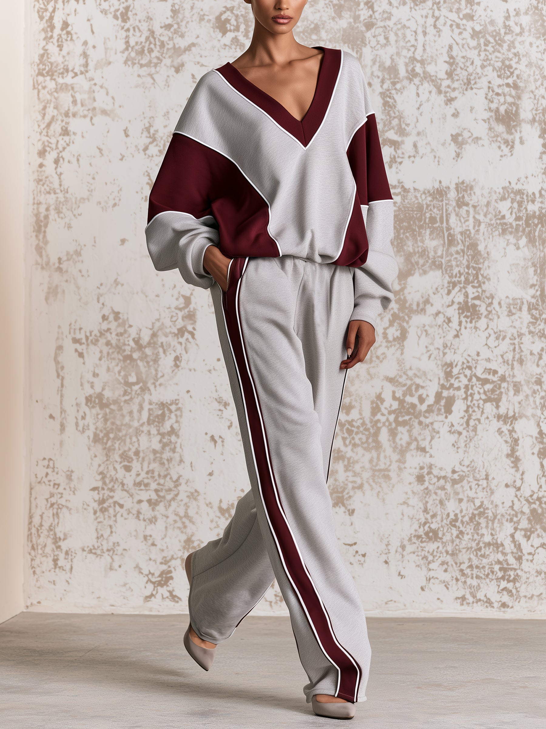 Women’s Color Block V-Neck Lounge Set – Contrast Stripe Casual Tracksuit