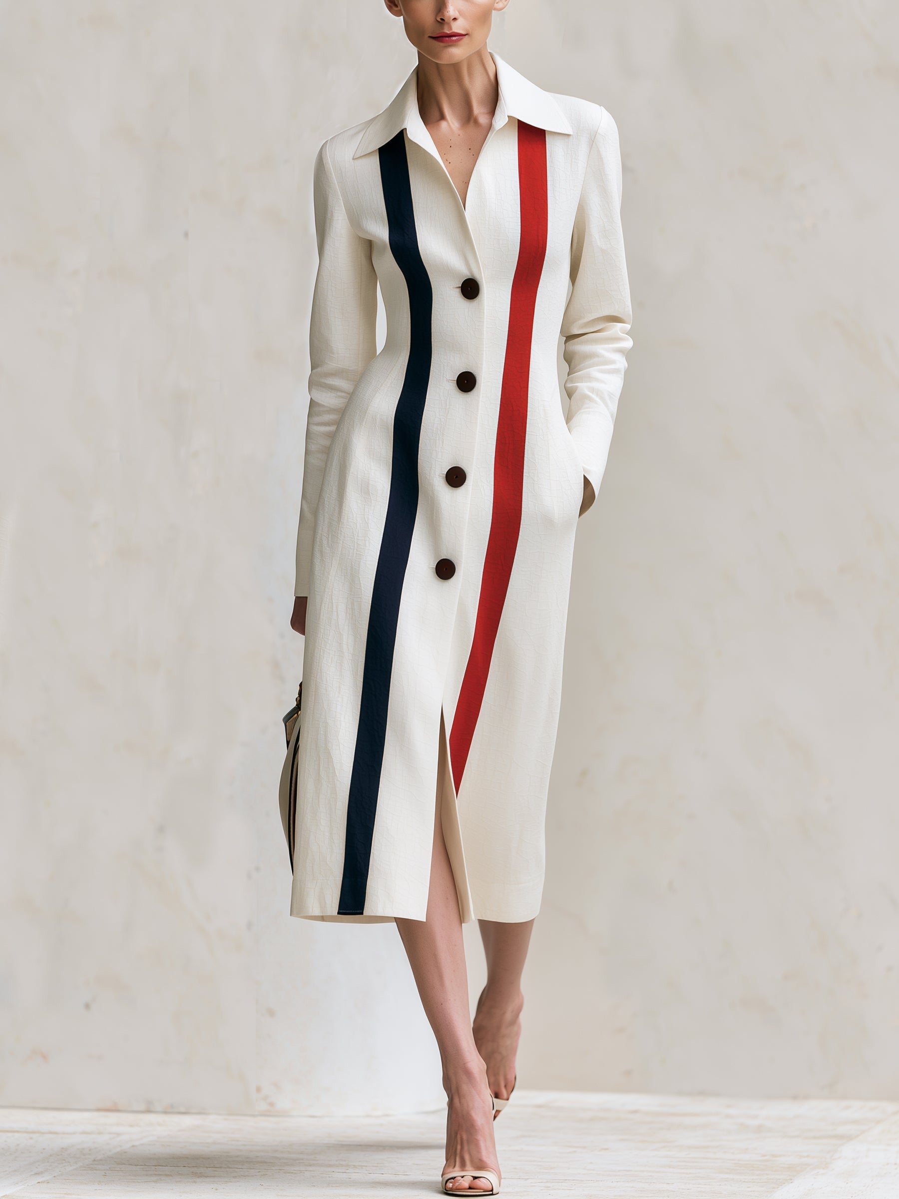 Beige Color-Block Stripe Slim-Fit Midi Coat Dress – Elegant Long-Sleeve Button-Front Blazer Dress