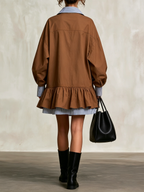 Two-in-One Stripe Layer Cargo Ruffle Hem Mini Shirt Dress