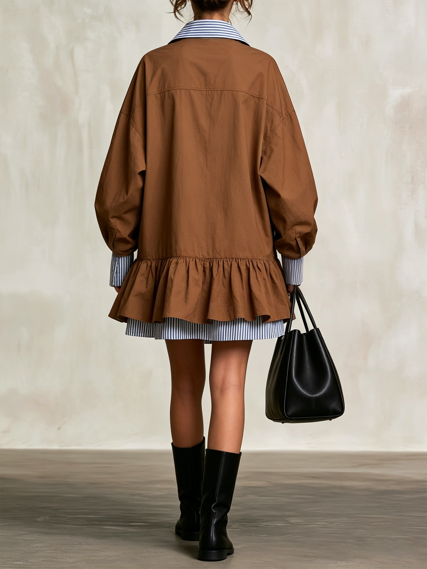 Two-in-One Stripe Layer Cargo Ruffle Hem Mini Shirt Dress