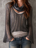Charcoal Openwork Bell Sleeve Top