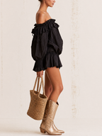 Off Shoulder Ruffled Bubble Hem Long Puff Sleeve Mini Dress