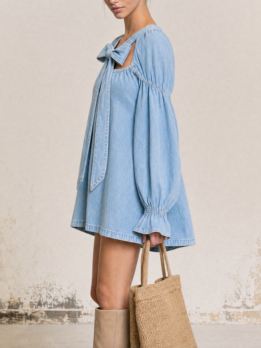Front Bow Cutout Puff Long Sleeve Light Wash Denim Mini Dress
