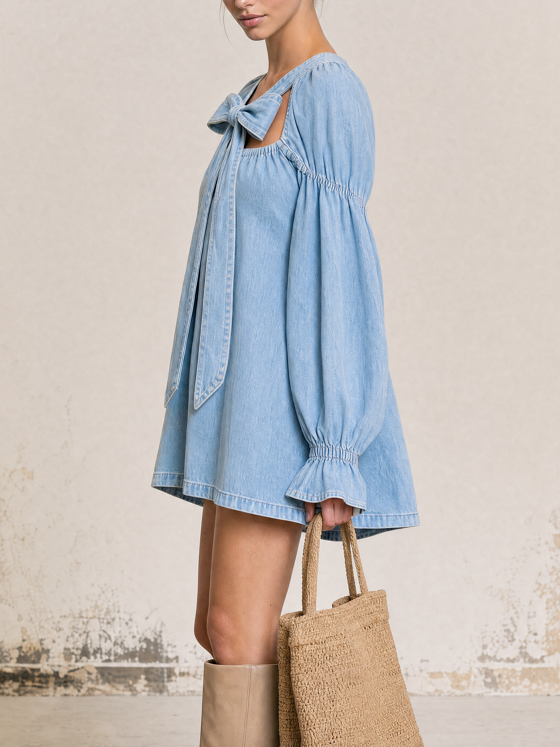Front Bow Cutout Puff Long Sleeve Light Wash Denim Mini Dress
