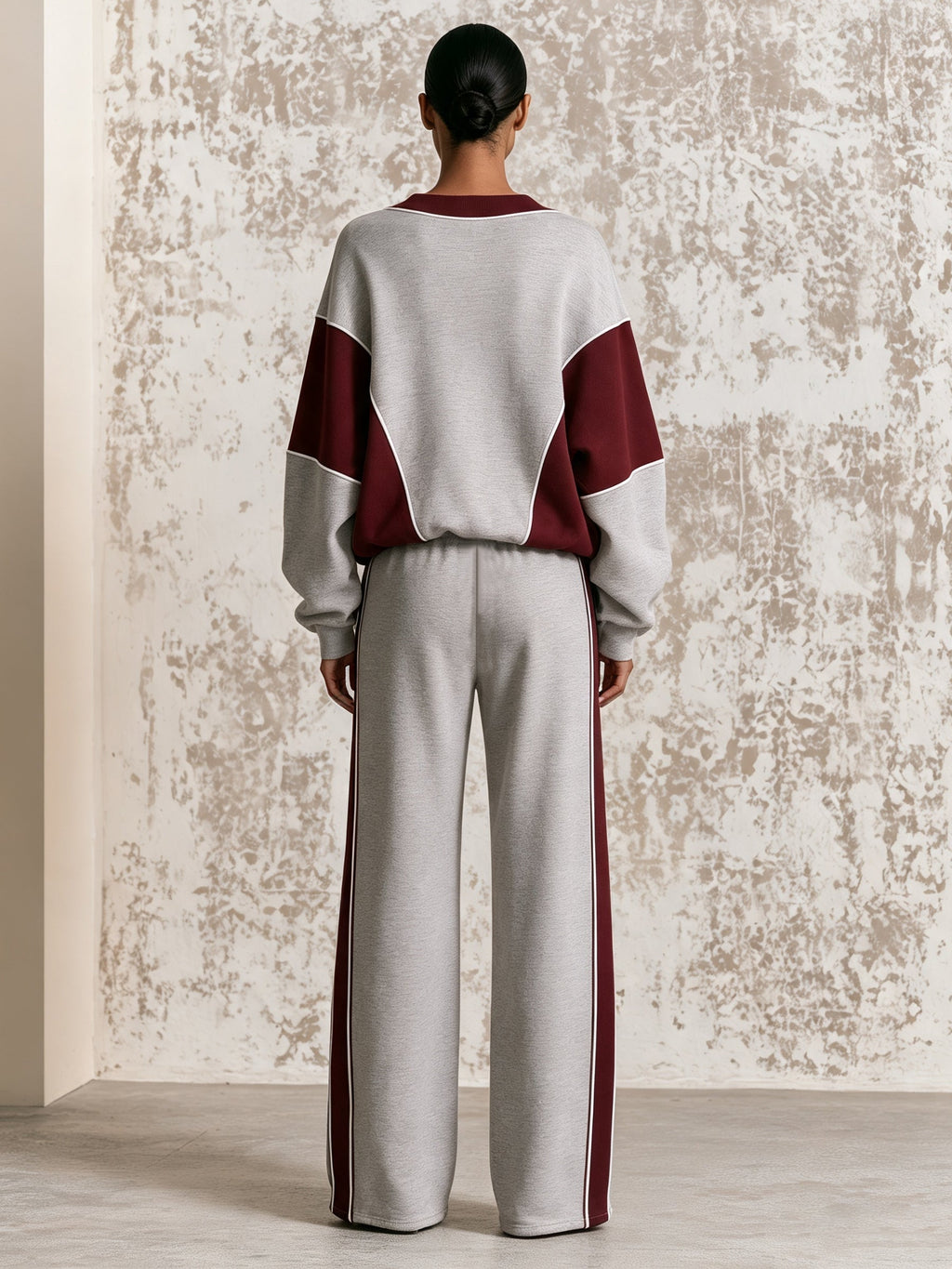 Women’s Color Block V-Neck Lounge Set – Contrast Stripe Casual Tracksuit