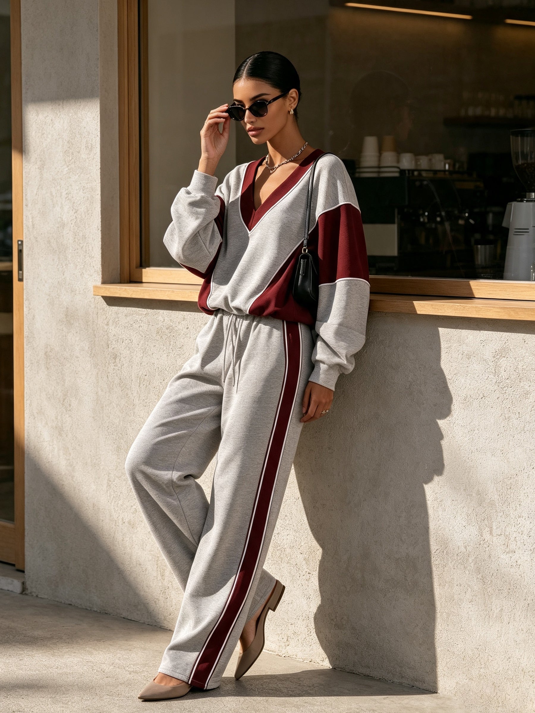 Women’s Color Block V-Neck Lounge Set – Contrast Stripe Casual Tracksuit
