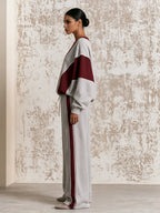 Women’s Color Block V-Neck Lounge Set – Contrast Stripe Casual Tracksuit