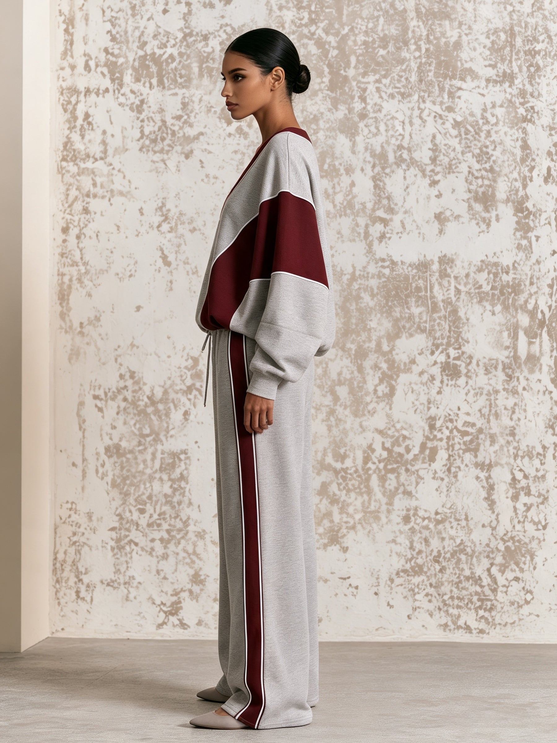 Women’s Color Block V-Neck Lounge Set – Contrast Stripe Casual Tracksuit