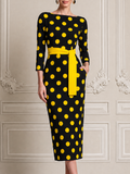 Black Polka Dot Dress Stockholm Style Belted Pencil Midi Dress