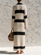 Black & Off White Wide Stripe Polo Collar Rib Knit Maxi Dress