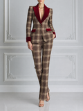 Brown Plaid Preppy Velvet Lapel Blazer & Flare Pants Set