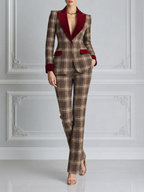 Brown Plaid Preppy Velvet Lapel Blazer & Flare Pants Set