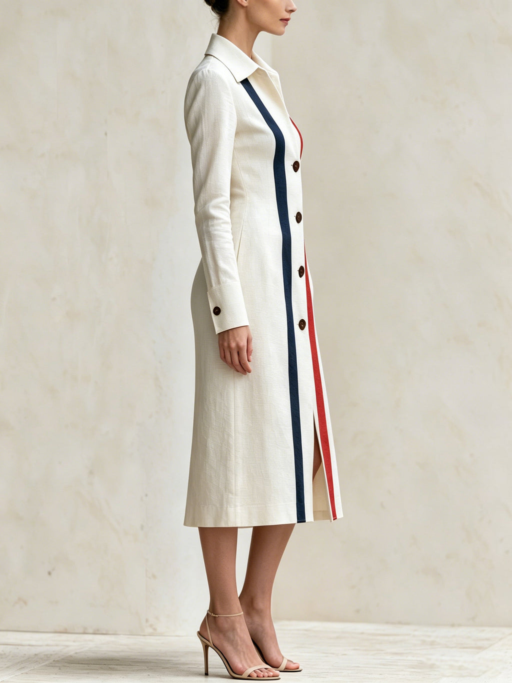 Beige Color-Block Stripe Slim-Fit Midi Coat Dress – Elegant Long-Sleeve Button-Front Blazer Dress