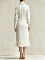 Beige Color-Block Stripe Slim-Fit Midi Coat Dress – Elegant Long-Sleeve Button-Front Blazer Dress