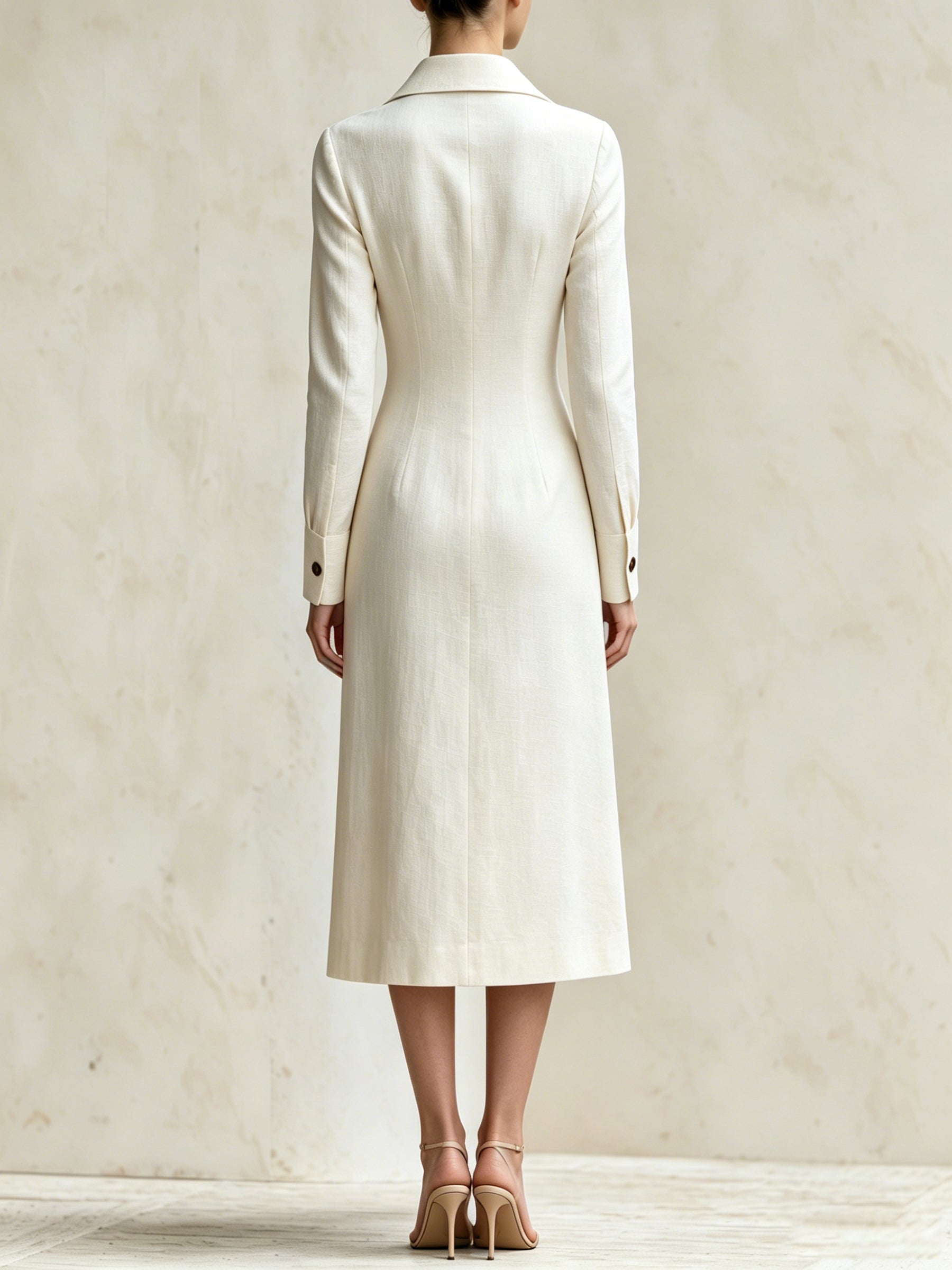 Beige Color-Block Stripe Slim-Fit Midi Coat Dress – Elegant Long-Sleeve Button-Front Blazer Dress