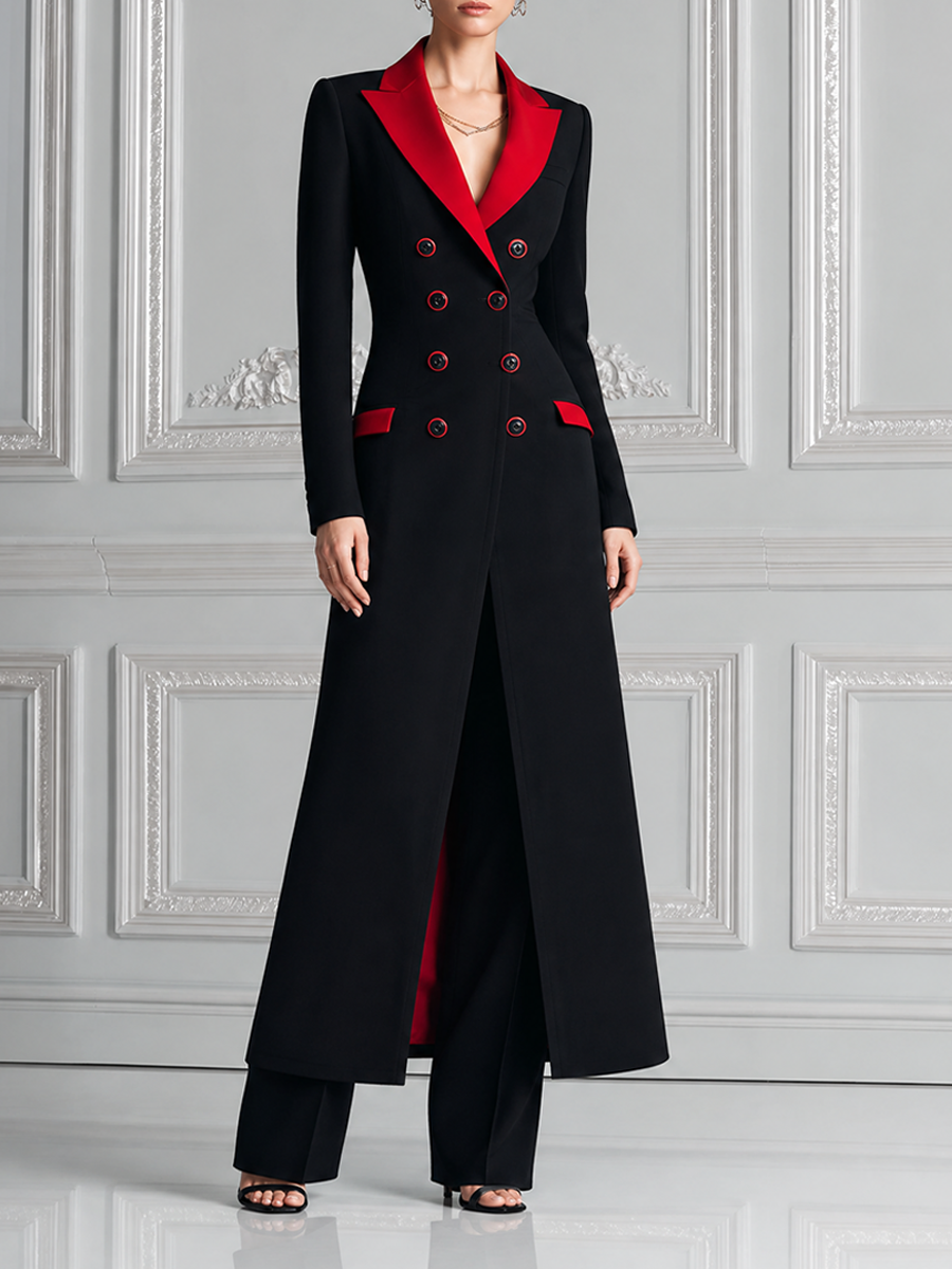Black Red Contrast Longline Blazer Coat & Wide Leg Pants Set