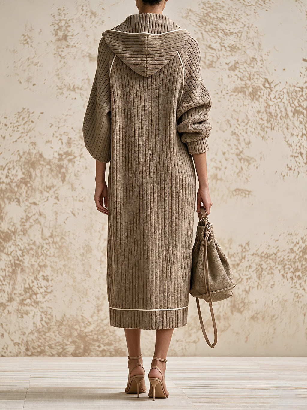 Women's Ribbed Knit Hooded Long Cardigan Coat – Elegant Zip-Up Oversized Sweater