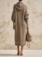 Women's Ribbed Knit Hooded Long Cardigan Coat – Elegant Zip-Up Oversized Sweater