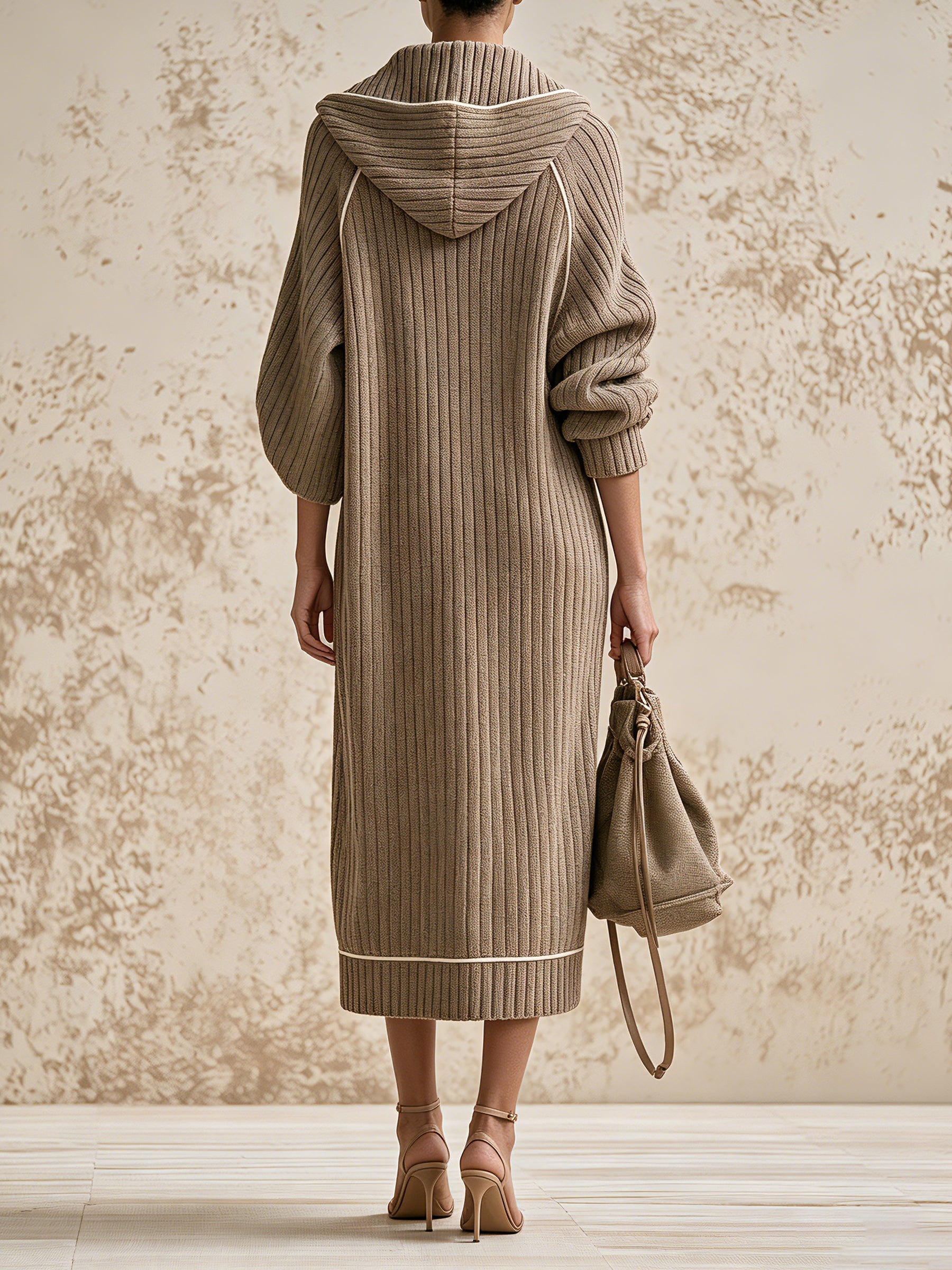Women's Ribbed Knit Hooded Long Cardigan Coat – Elegant Zip-Up Oversized Sweater