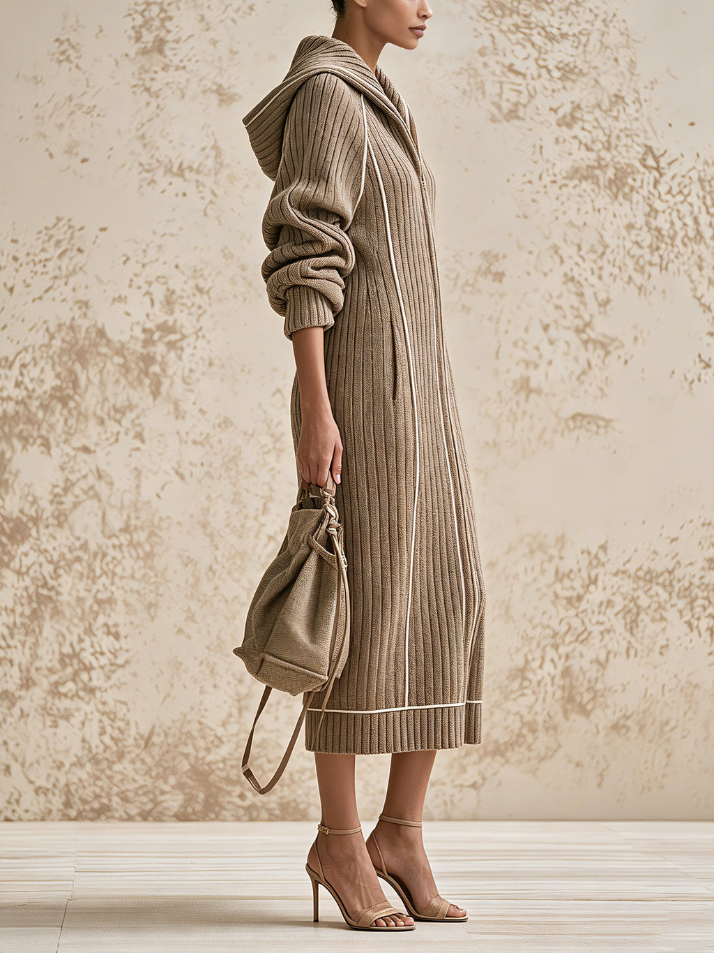Women's Ribbed Knit Hooded Long Cardigan Coat – Elegant Zip-Up Oversized Sweater