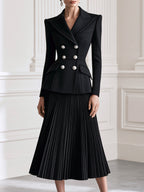 Double-Breasted Blazer & Pleated Midi Skirt Suit Set