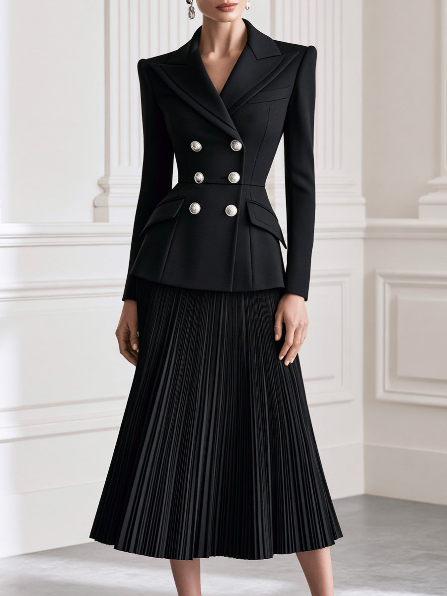 Double-Breasted Blazer & Pleated Midi Skirt Suit Set