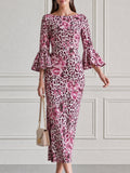 Pink Leopard & Peony Print Bell Sleeve Bodycon Midi Dress