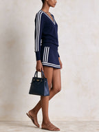 Women’s Navy V-Neck Contrast Trim Knit Dress – Sporty Chic Mini Dress