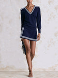 Women’s Navy V-Neck Contrast Trim Knit Dress – Sporty Chic Mini Dress