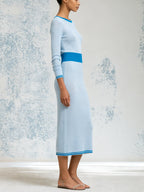 Women’s Blue Contrast Trim Knit Midi Dress – Elegant Casual Long Sleeve Dress
