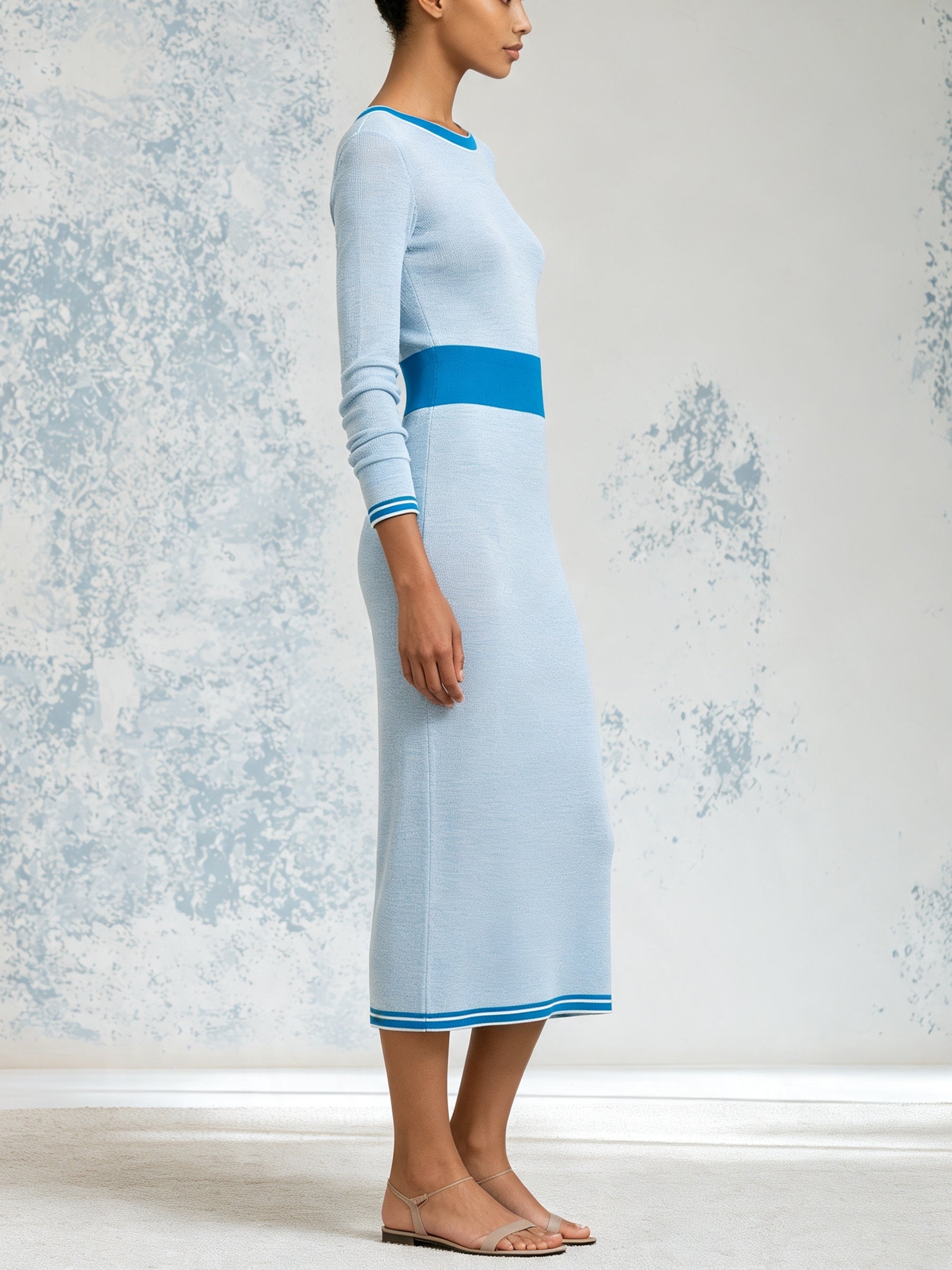 Women’s Blue Contrast Trim Knit Midi Dress – Elegant Casual Long Sleeve Dress