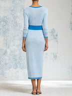 Women’s Blue Contrast Trim Knit Midi Dress – Elegant Casual Long Sleeve Dress