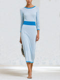Women’s Blue Contrast Trim Knit Midi Dress – Elegant Casual Long Sleeve Dress