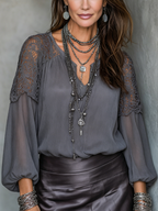 Bohemian Charcoal Gray Lace-trimmed Top