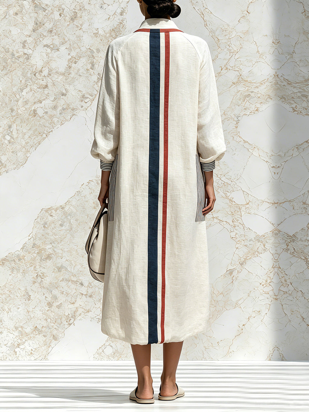 Women's Striped Hooded Midi Dress – Elegant Long Sleeve Oversized Shirt Dress With Pockets