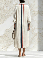 Women's Striped Hooded Midi Dress – Elegant Long Sleeve Oversized Shirt Dress With Pockets