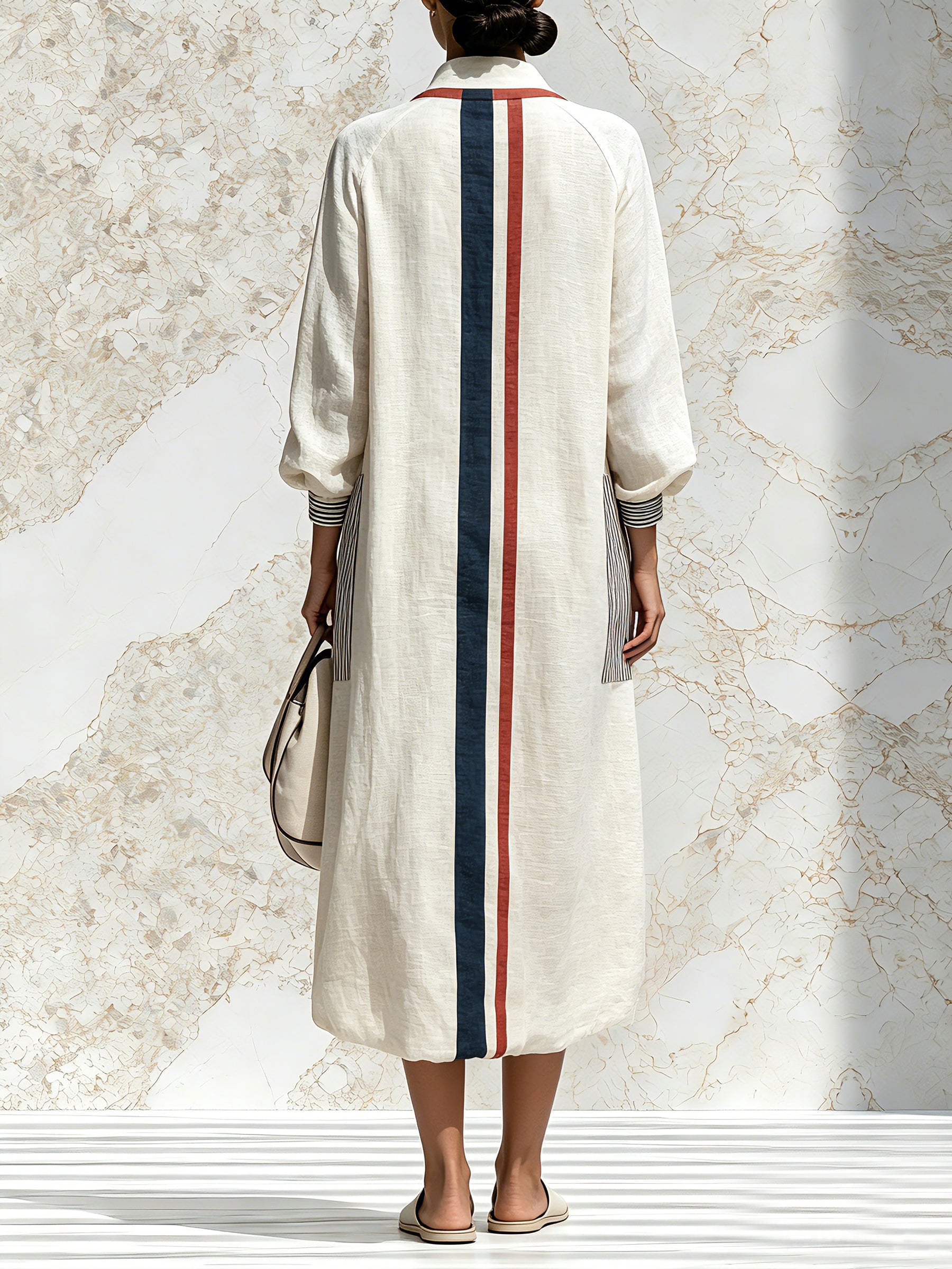 Women's Striped Hooded Midi Dress – Elegant Long Sleeve Oversized Shirt Dress With Pockets