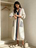 Women's Striped Hooded Midi Dress – Elegant Long Sleeve Oversized Shirt Dress With Pockets