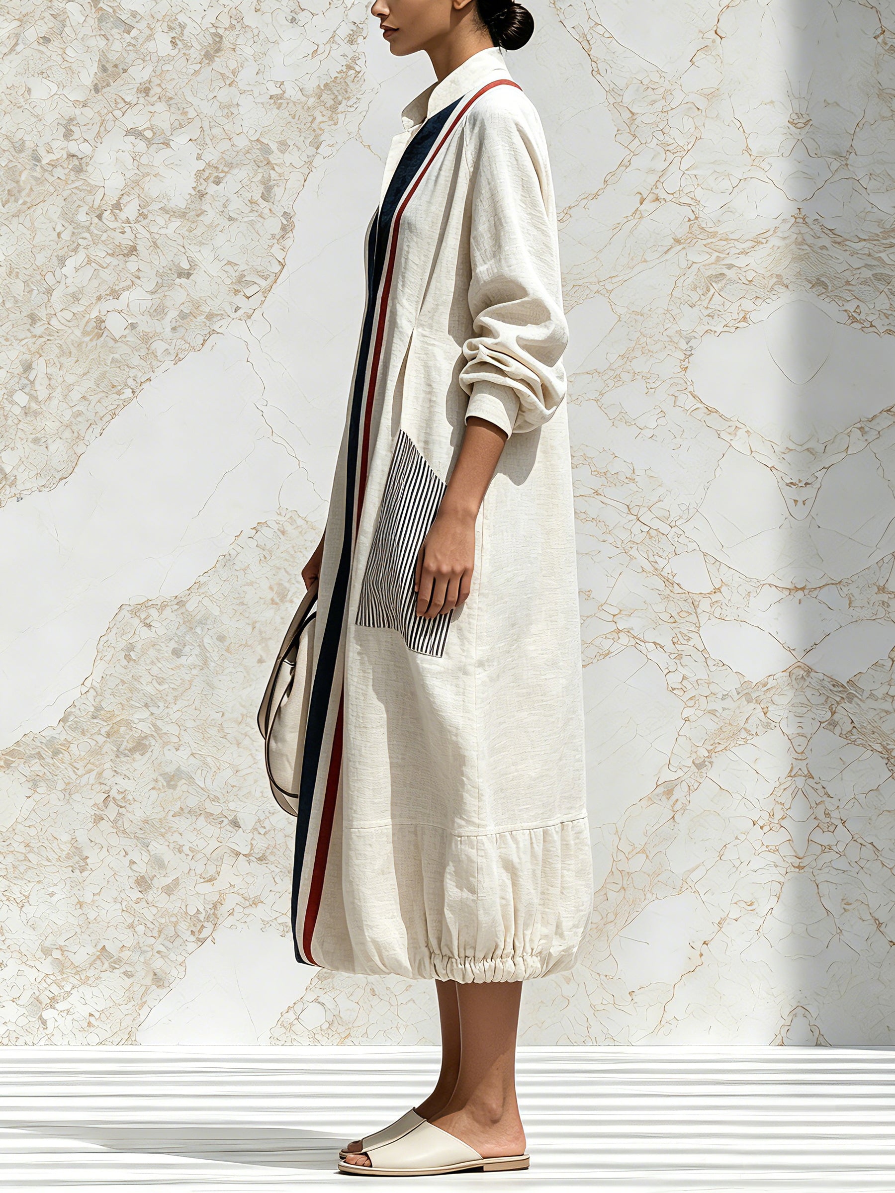 Women's Striped Hooded Midi Dress – Elegant Long Sleeve Oversized Shirt Dress With Pockets