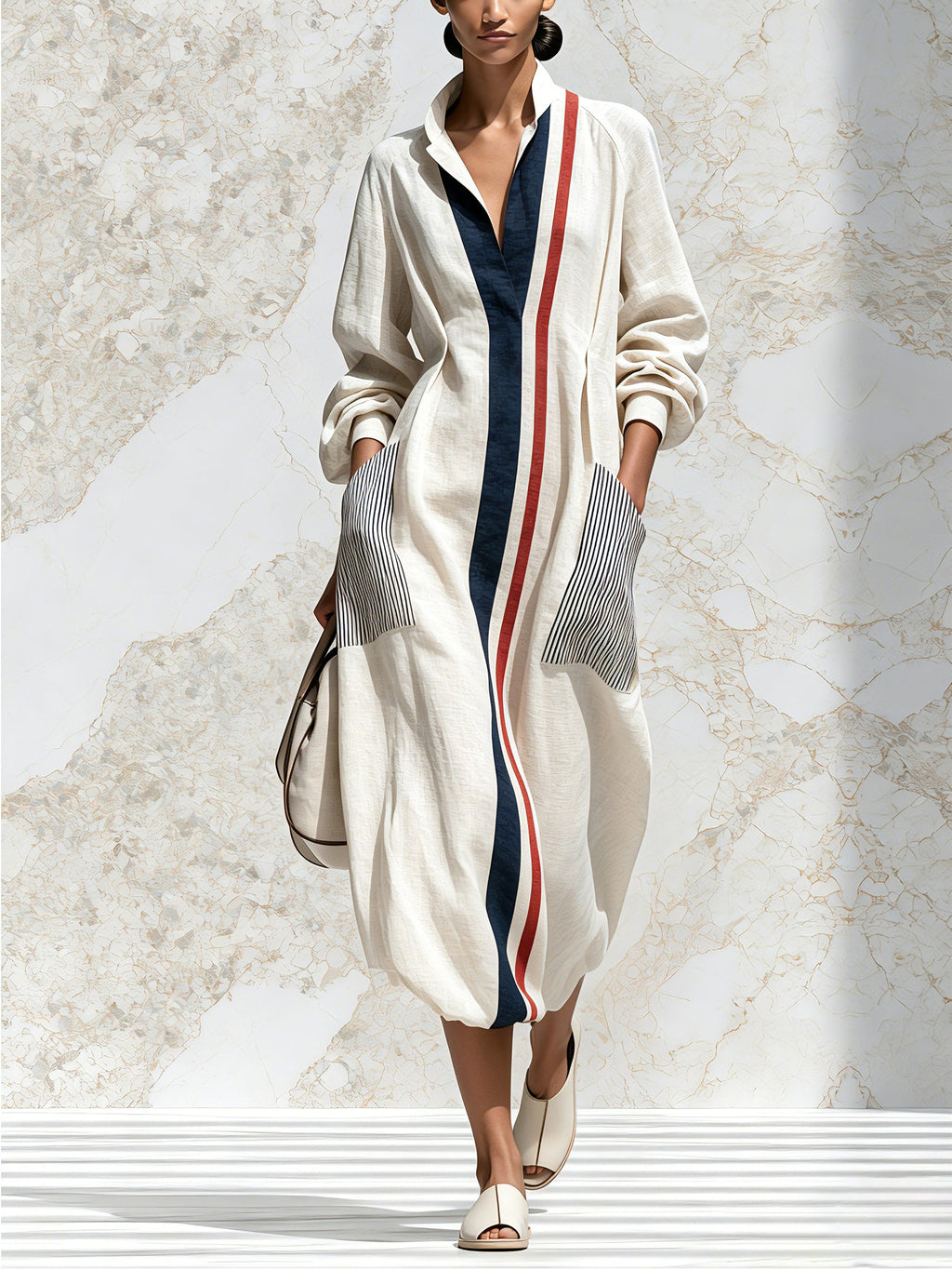 Women's Striped Hooded Midi Dress – Elegant Long Sleeve Oversized Shirt Dress With Pockets