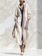 Women's Striped Hooded Midi Dress – Elegant Long Sleeve Oversized Shirt Dress With Pockets