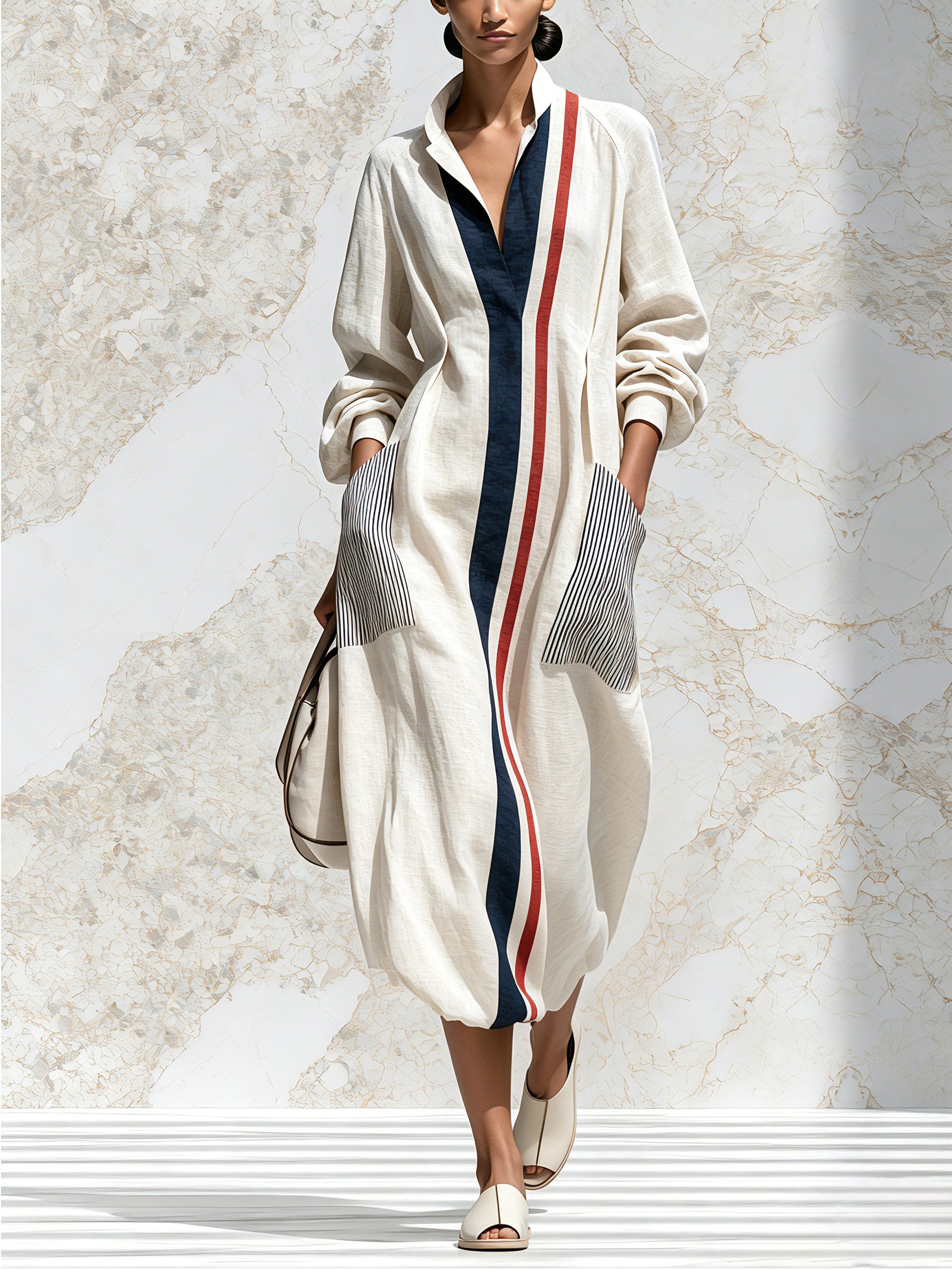 Women's Striped Hooded Midi Dress – Elegant Long Sleeve Oversized Shirt Dress With Pockets