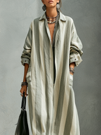 Bohemian Sage Striped Long Trench Coat