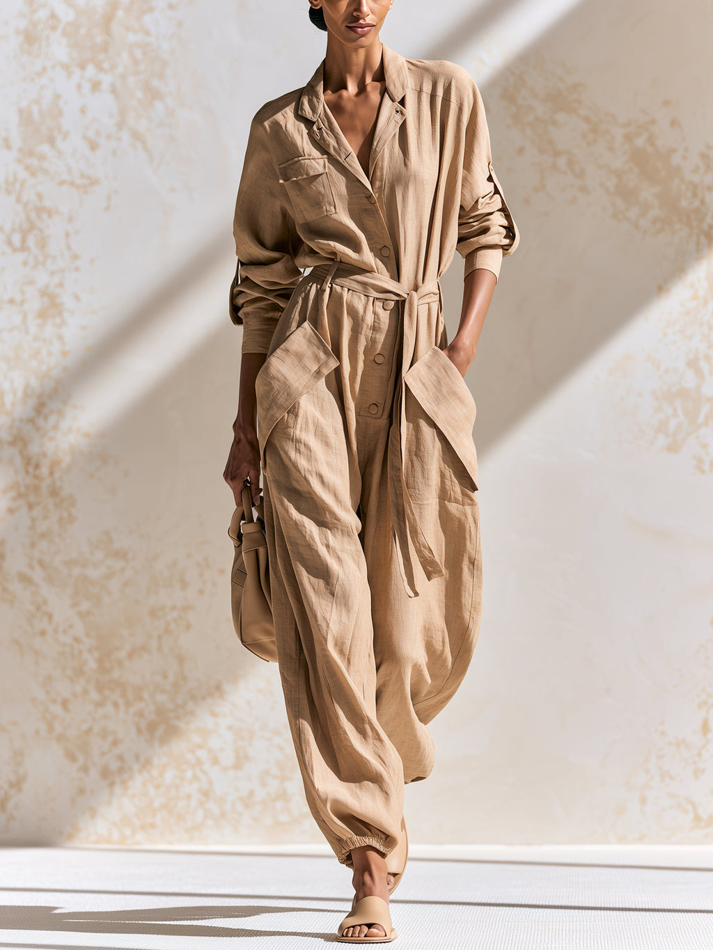 Women's Linen Blend Utility Jumpsuit – Long Sleeve Button Front Cargo Romper With Belt & Pockets