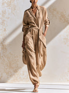 Women's Linen Blend Utility Jumpsuit – Long Sleeve Button Front Cargo Romper With Belt & Pockets