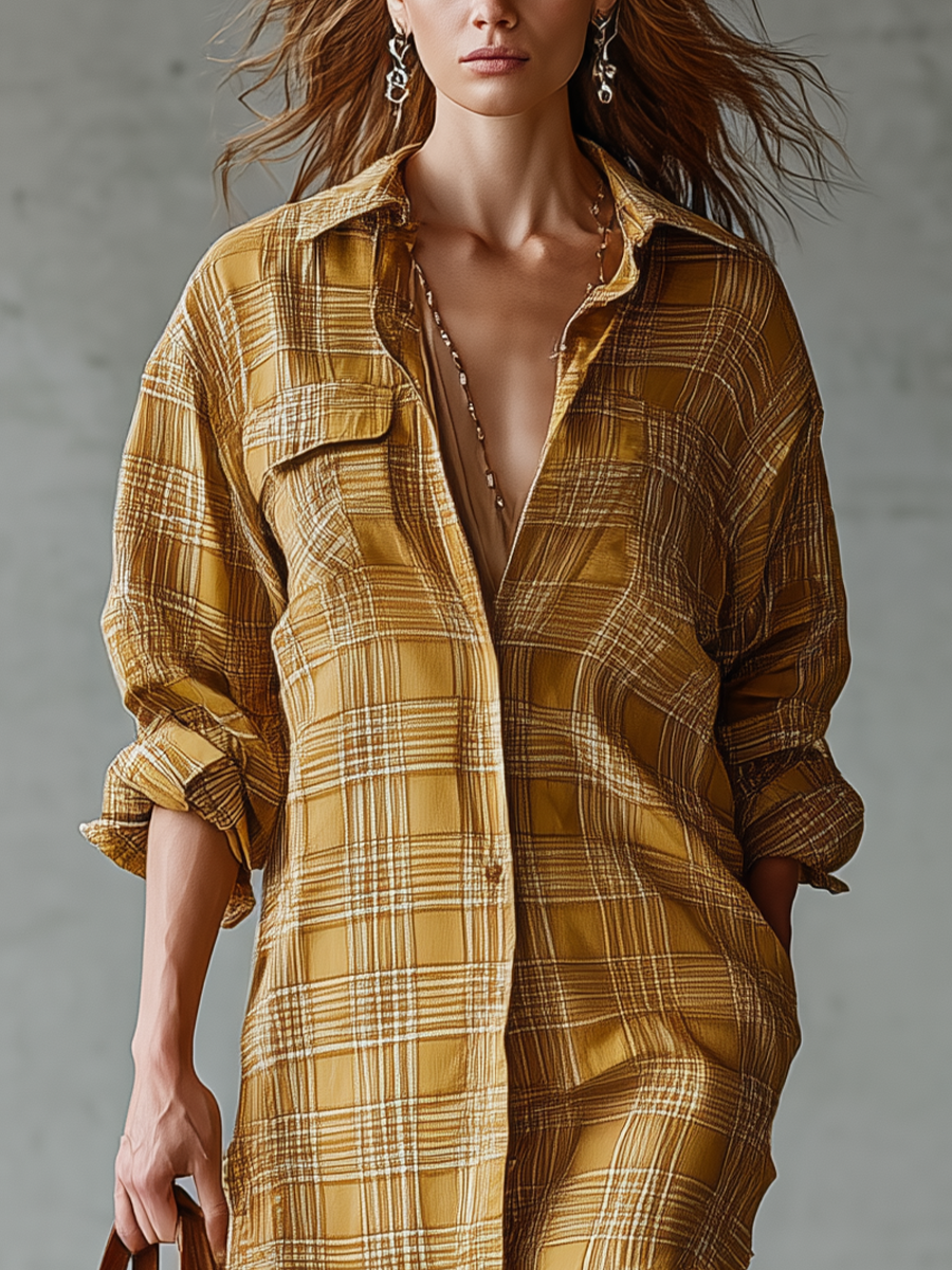 Effortless Chic Oversized Checkered Tunic Midi Dress